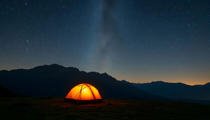 Isolated tent under the stars, quiet mountain camping scene