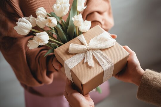 Woman holding bouquet of white tulips while receiving a gift box with beige ribbon from another woman