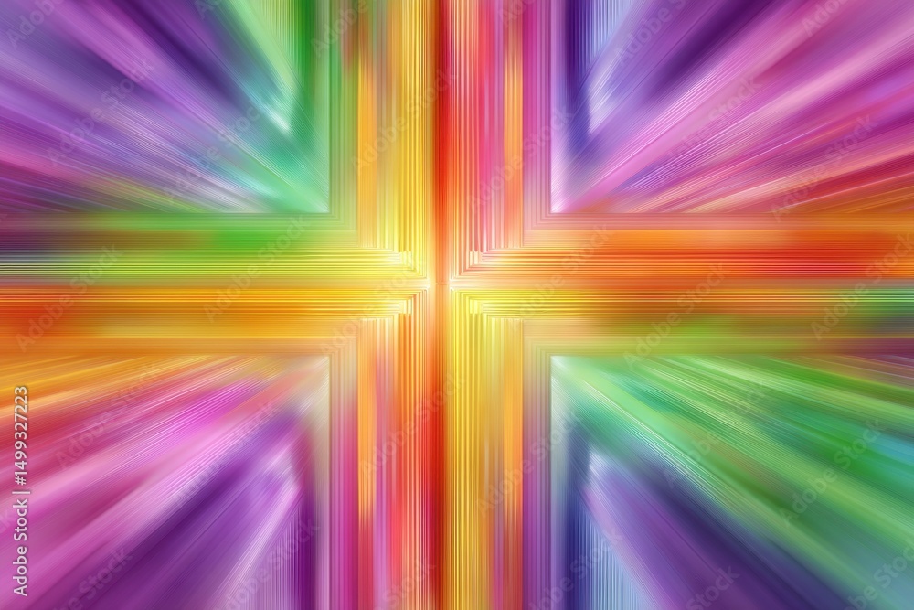 Poster a dynamically blurred abstract background with vibrant spectrum colors forming a cross, with a lumin