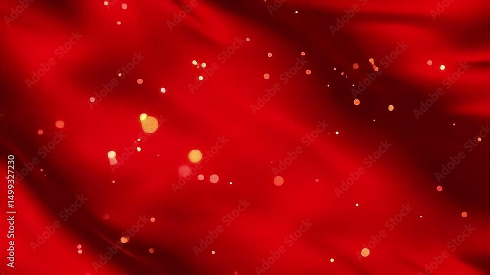 Poster flowing red silk with golden bokeh lights: abstract motion background video