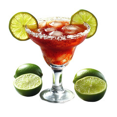 Refreshing strawberry margarita cocktail recipe with lime and salt rim on transparent background