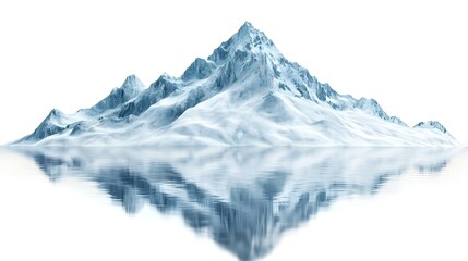 A snowy mountain peak reflected in calm water with a bright white background in a scenic view