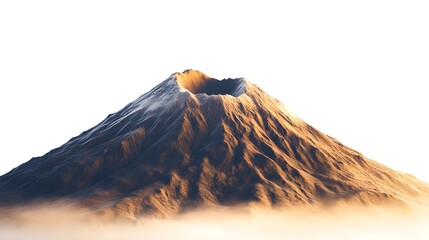 A majestic volcano peak with a visible crater surrounded by a blanket of low lying clouds