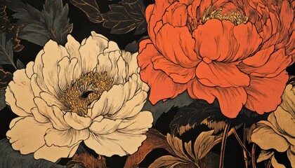 Wektorowy wz&oacute;r z dwoma dużymi, stylizowanymi kwiatami piwonii w kolorach białym i pomarańczowym na ciemnym tle.