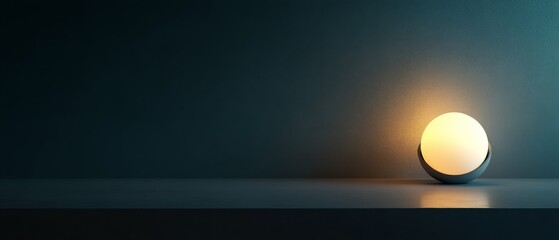 Minimalist glowing spherical lamp casting soft warm light on a dark blue textured wall and surface