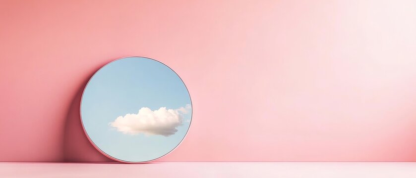 Minimalist studio scene with circular mirror showing sky and cloud reflection against soft pink wall
