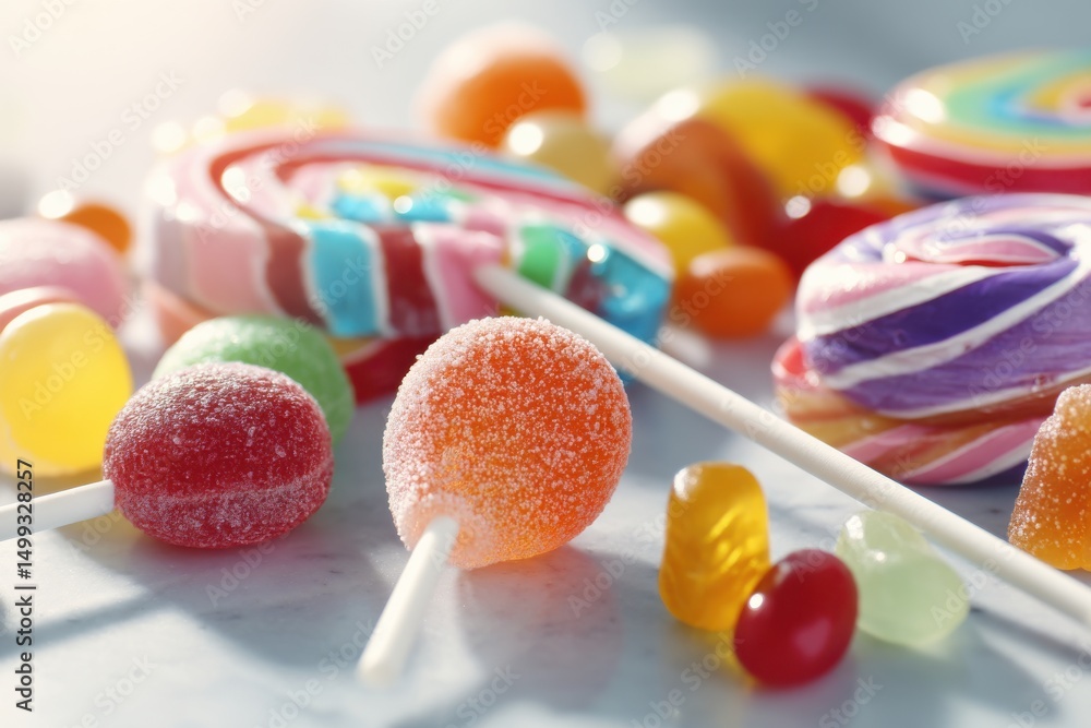Poster close-up of various colorful lollipops and gummy candies on a bright surface, with focus on the diff