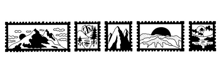 Stamp travel mountain post badge black and white. Collection postcard summer mail. Vector illustration