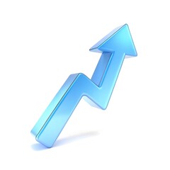Blue glossy arrow pointing upwards representing growth success and achievement concept