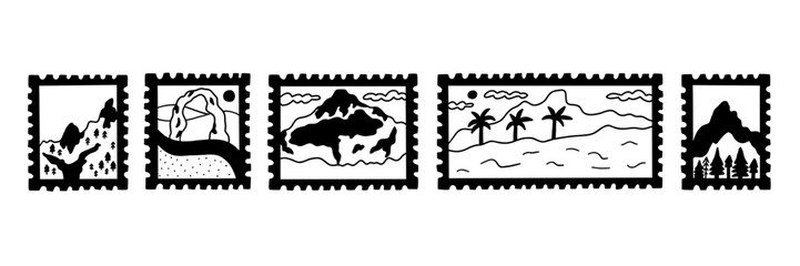 Stamp travel mountain post sticker black and white. Collection postcard summer mail. Vector illustration
