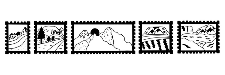 Stamp travel mountain post label black and white. Collection postcard summer mail. Vector illustration
