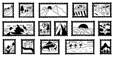 Stamp travel mountain post sticker set black and white. Collection postcard summer mail. Vector illustration