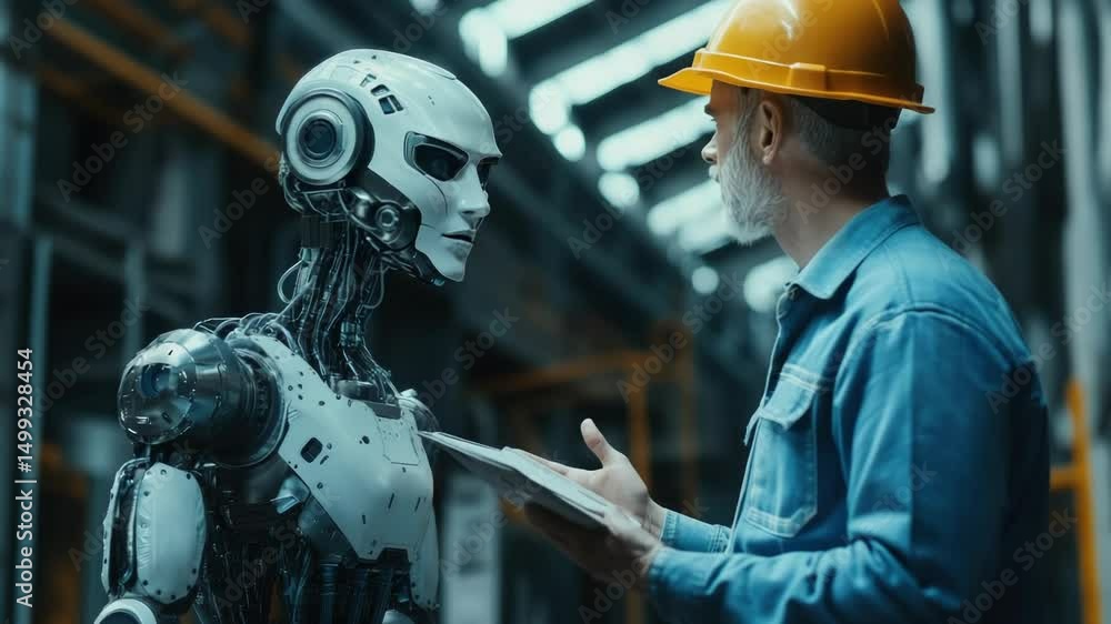 Poster ai robot engineer and a man builder inspection construction work with a robot worker