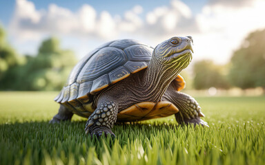 Turtle on grass concept of world turtle day