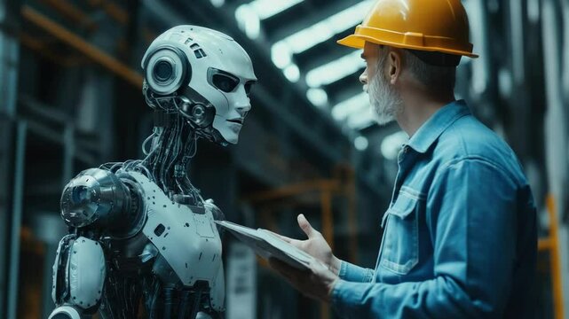 ai robot engineer and a man builder inspection construction work with a robot worker