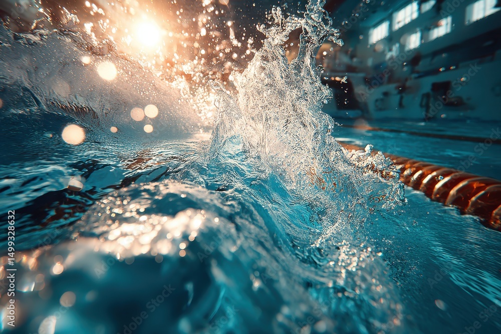 Poster an abstract underwater close-up of water splashing in a swimming pool, with bright sunlight filterin