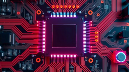 Computer processor with red circuit lines and blue and pink lights