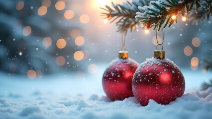 Enchanting christmas spheres nestled in snow with glowing string lights backdrop