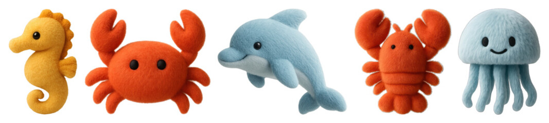 Fototapeta na wymiar PNG Colorful plush sea creatures, element set on transparent background