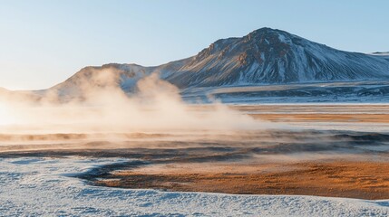 Frozen landscape with steam rising from geothermal vents.  Sunrise illuminates snow-capped mountains in the distance