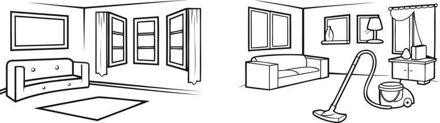 Set of Finished Room Cleaning Line Art Vector Design | Tidy Home Interior Cleaning Illustration