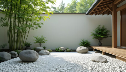 Japanese Zen garden, clean white pebbles, minimalistic bamboo arrangement, tranquil balance, 8K