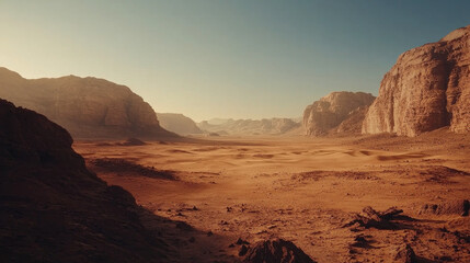 Naklejka premium Astronaut on mars the red planet. Landscape with desert and mountains, Colonization of Mars