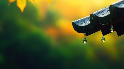Raindrops hanging from a traditional roof edge with a blurred, colorful autumn background