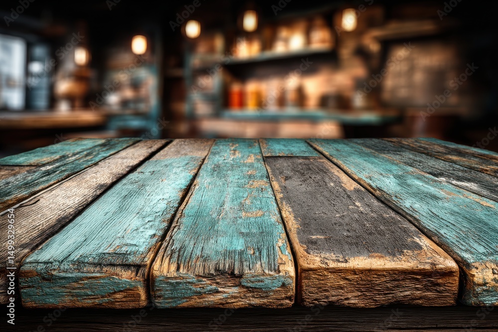 Poster rustic wooden table in a blurred cafe setting, perfect for product placement, emphasizing vintage ch