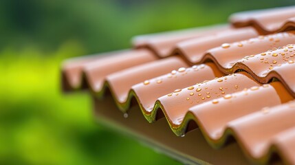 Close-up of a textured brown roof tile with water droplets, set against a lush green background