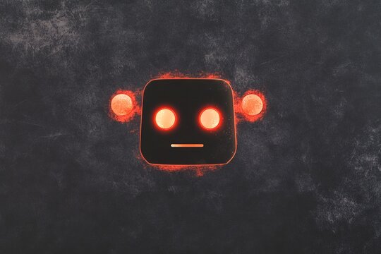Futuristic ai chatbot icon with glowing red eyes on dark background