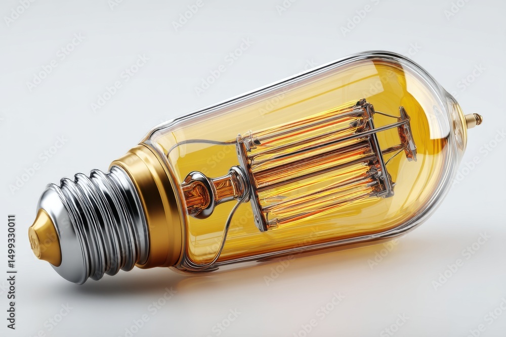 Poster a vintage-style edison light bulb lying horizontally on a white surface, creating a warm and invitin