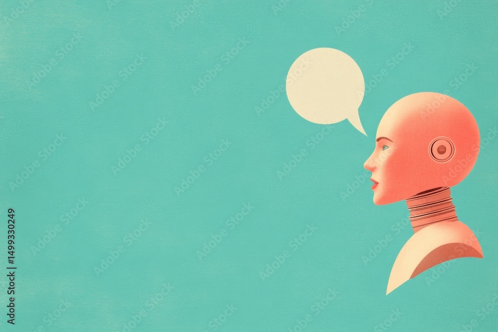 Poster futuristic ai chatbot design concept with speech bubble on turquoise background