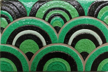 A beautiful retro pattern of geometric shapes on glazed ceramic tiles, featuring green, black, and white semicircles, creating a textured and eye-catching design.