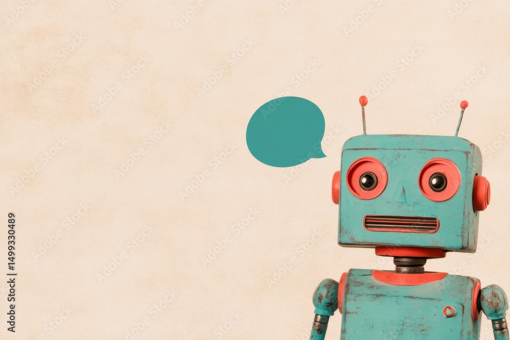 Poster retro robot with speech bubble concept for ai communication design