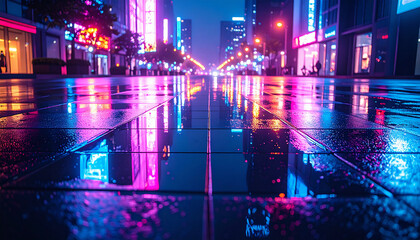 Fototapeta premium Neon Reflections on Wet City Street at Night