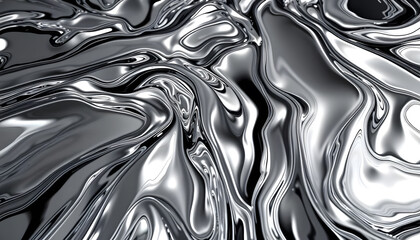 Liquid metal reflections, dynamic distortions, silver and black aesthetic