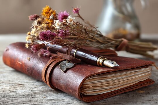 A brown leather journal adorned with dried flowers and a vintage fountain pen, creating a nostalgic and artistic composition on a rustic wooden surface.