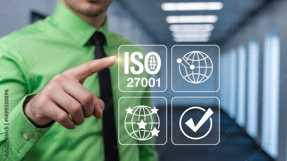 Poster man's hand interacting with an iso 27001 interface.