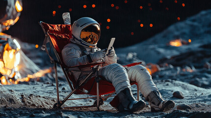 Astronaut sits in a beach chair on a Moon surface, holding phone in hands