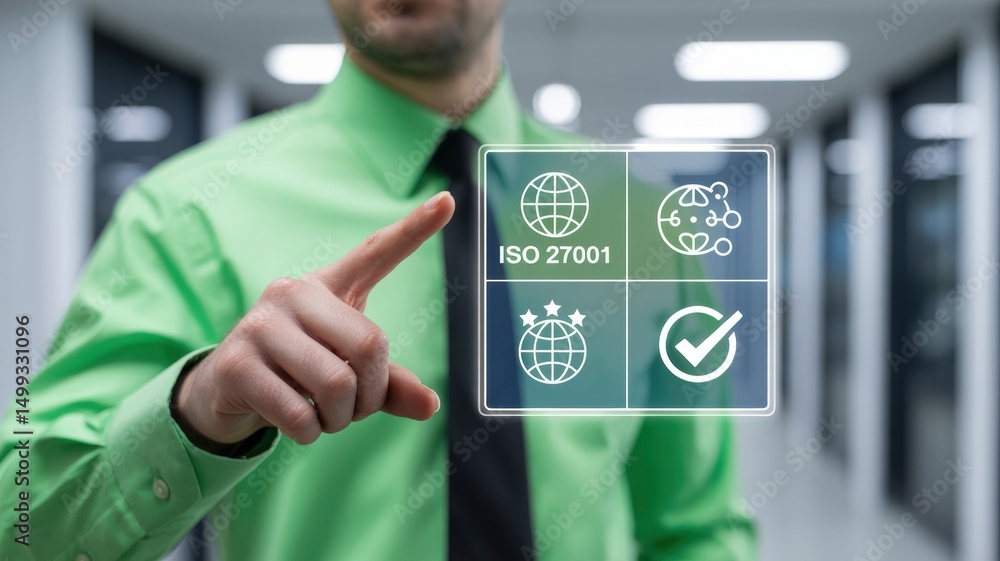 Poster person interacting with a digital interface displaying iso 27001 certification.