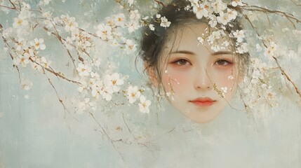 Delikatny portret młodej kobiety wśród kwitnących gałęzi wiśni, symbol wiosny i piękna natury.