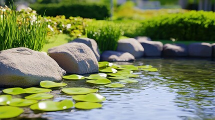 Serene garden pond with lily pads and smooth stones, surrounded by lush greenery and flowers