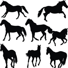 Eight Horse Silhouettes in Various Poses and Gaits