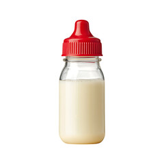Baby bottle with milk, red cap, isolated on white.