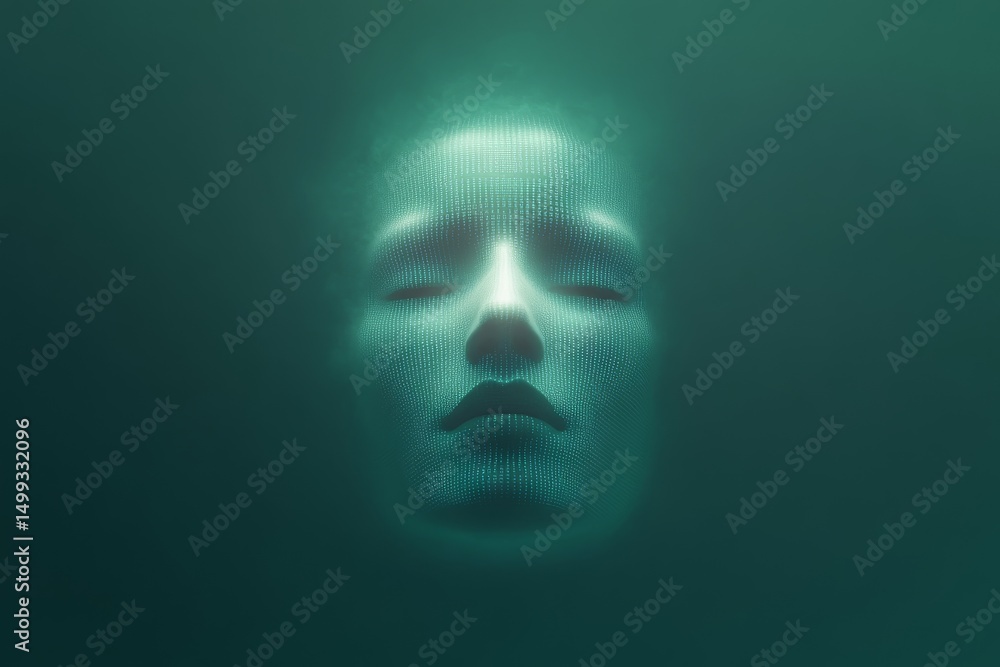 Poster futuristic ai chatbot face icon design with abstract digital elements