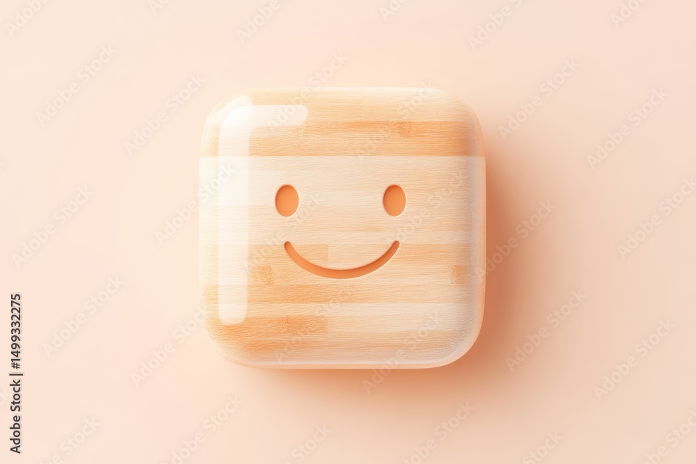 Poster wooden chatbot icon design with smiling face on light background for digital applications