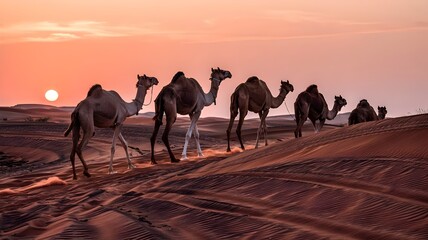 camels in the desert sunset at deser.