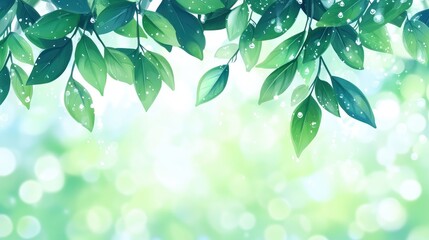 Lush green leaves with droplets glistening in sunlight against a soft bokeh background