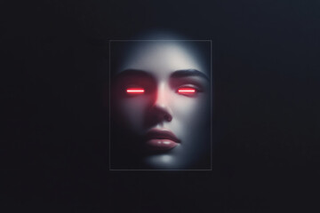 Futuristic ai chatbot face with glowing red eyes for technology design